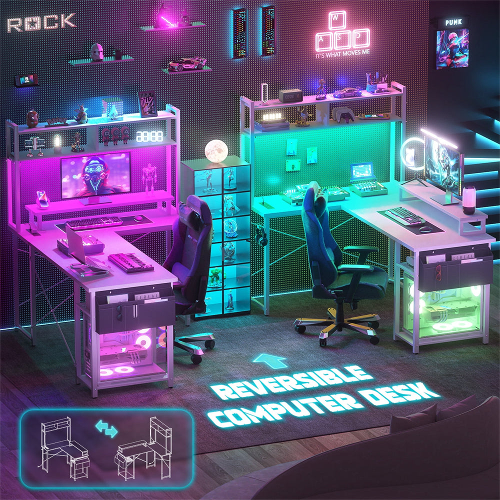 Unikito L Shaped Computer Desk with Hutch, Reversible Gaming Desk with Monitor Stand & Storage Shelf, Corner Desks Home Office Desk with Power Outlets & LED Lights