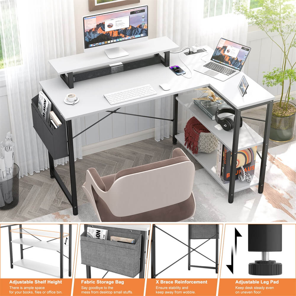 Unikito L Shaped Desk with Power Outlet & USB Port, 47 Inch Reversible Small Desk with LED Strip & Monitor Stand, Corner Computer Desk Writing Desk with Storage Shelves