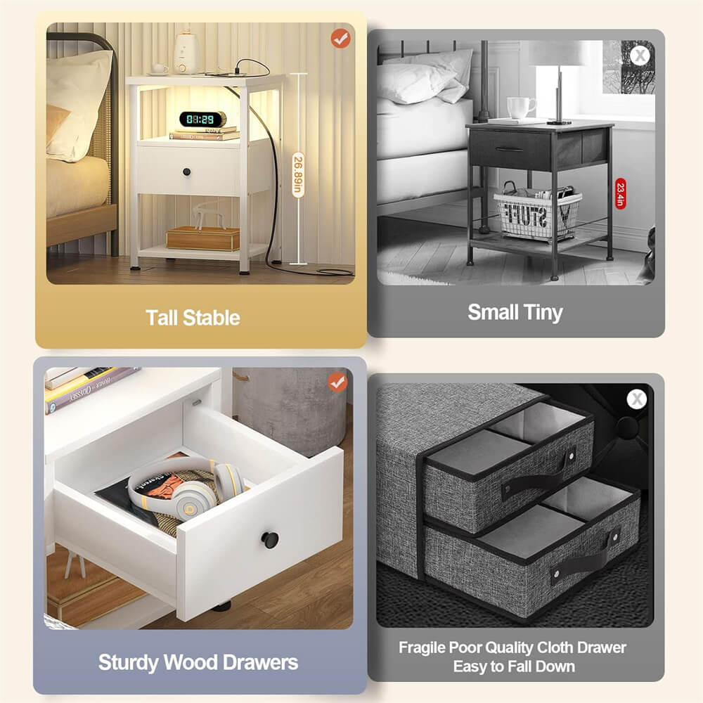 Unikito Nightstand Set of 2 with Charging Station, End Table Bedside Table with LED Lights, Modern Nightstands with Drawers and Storage Shelf, Wood Night Stands for Bedroom, Living Room