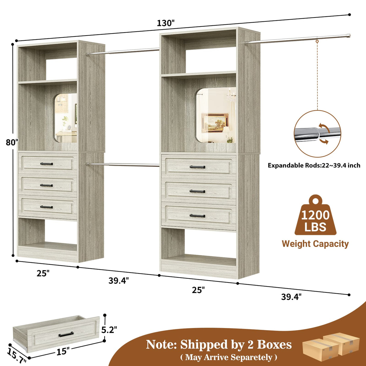 Unikito Closet System with 6 Drawers, 6-14Ft Closet Organizer with 3 Hanging Rods and Mirror