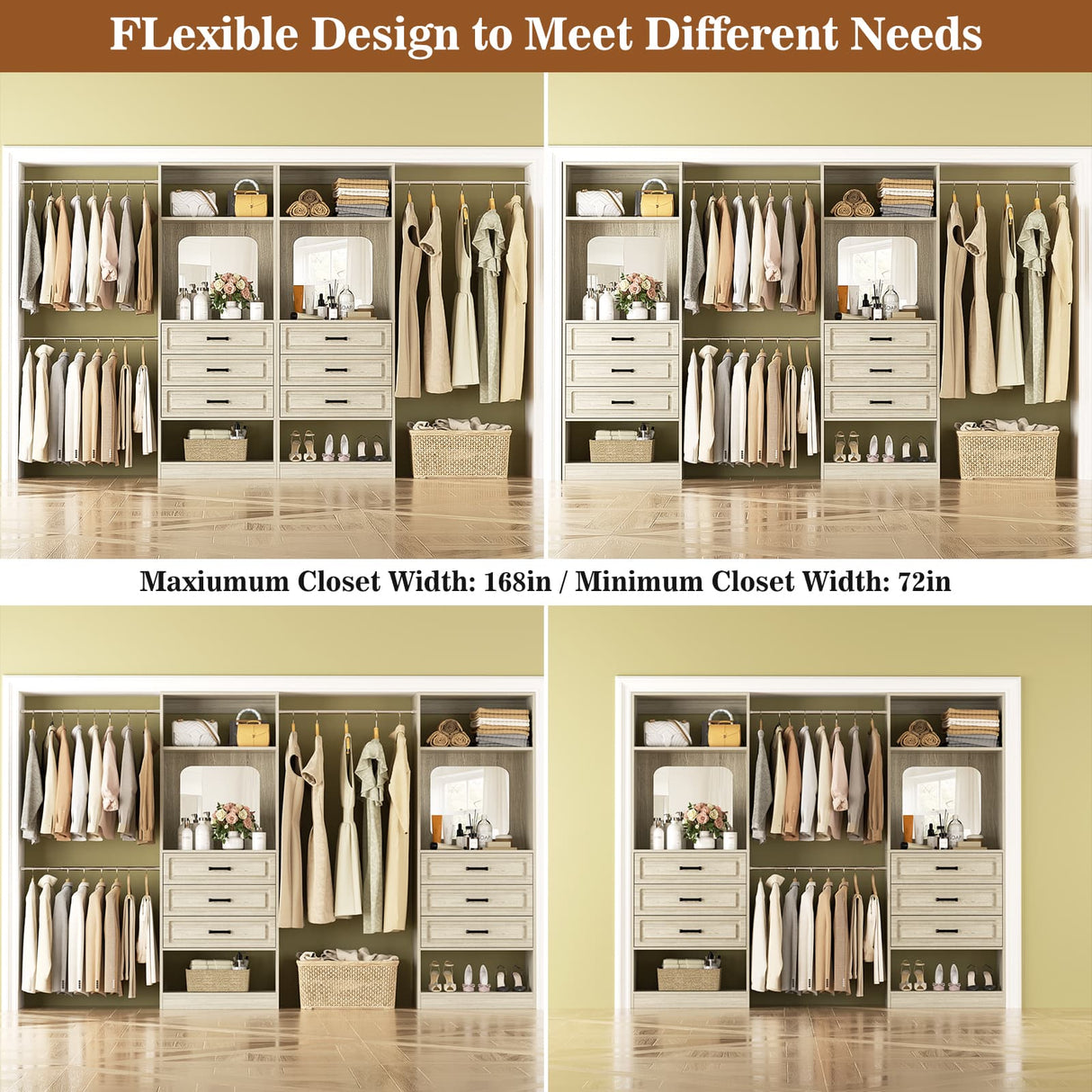 Unikito Closet System with 6 Drawers, 6-14Ft Closet Organizer with 3 Hanging Rods and Mirror
