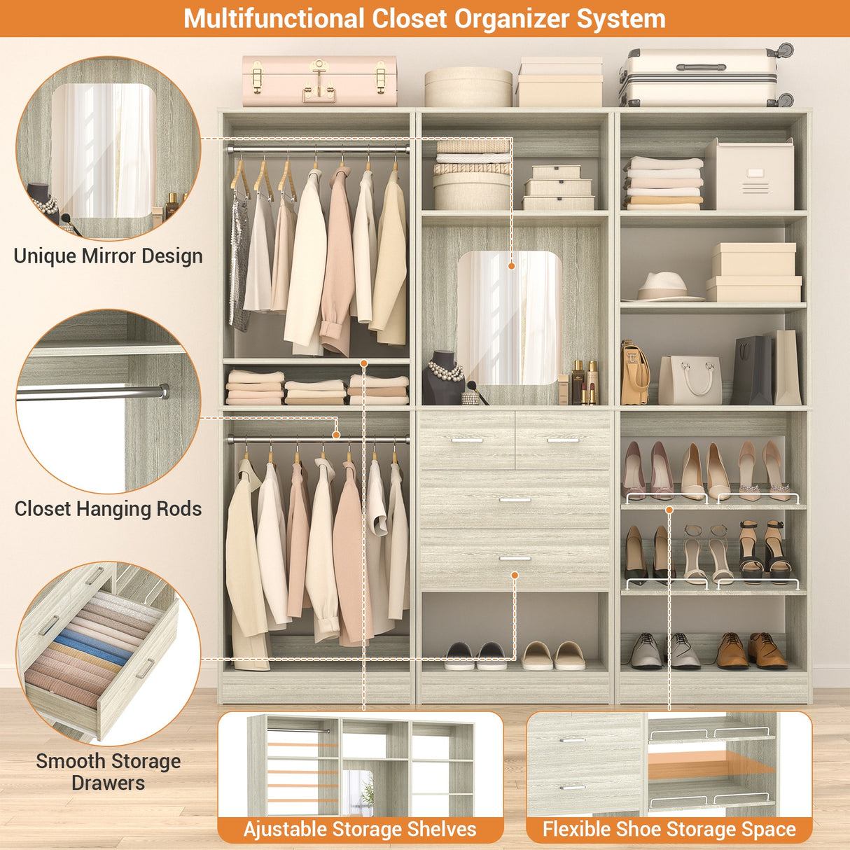 75" Closet Organizer System with Mirror, Wood Closets Organizer with Hanging Rods and Drawers