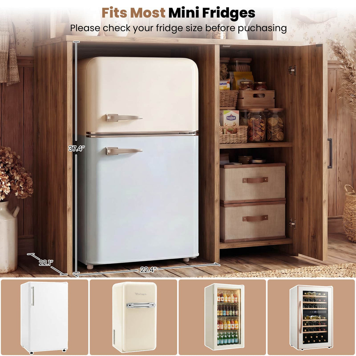 Mini Fridge Cabinet with Outlet & LED Light, Coffee Bar Cabinet