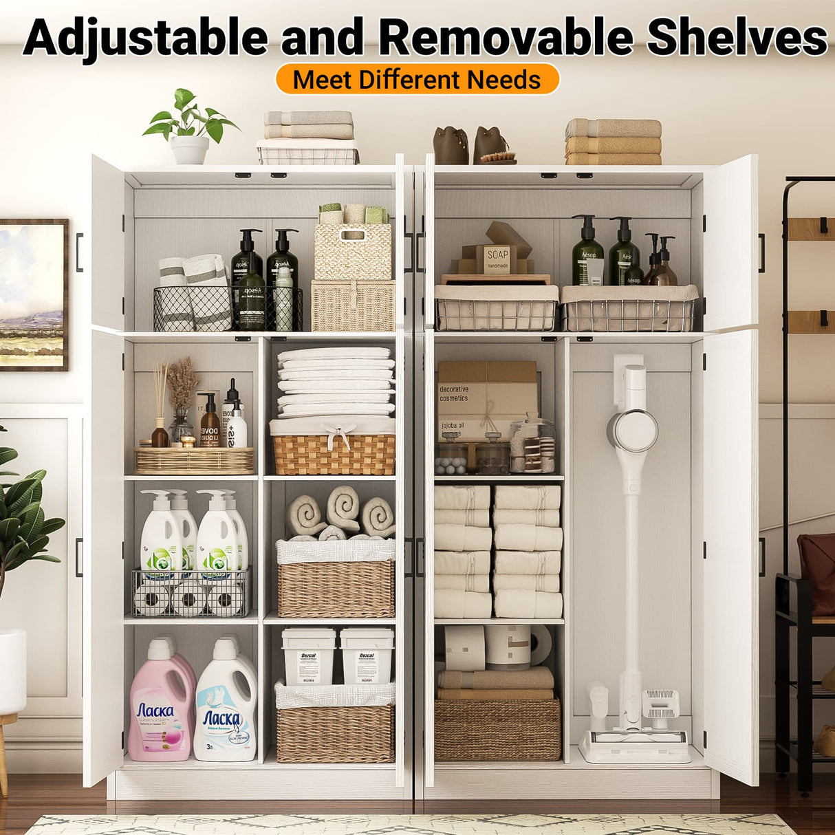 71” Tall Storage Cabinet, Farmhouse Kitchen Pantry Cabinet with Adjustable Shelves and Barn Doors