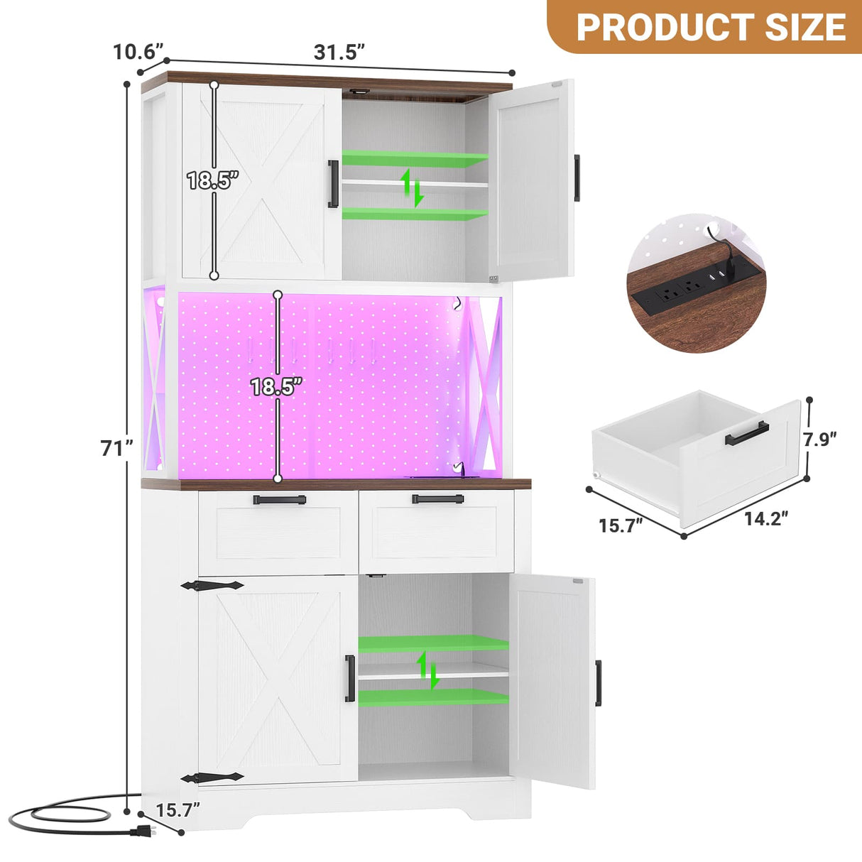 Pantry Cabinet with Microwave Countertop, 71" Tall Kitchen Pantry Storage Cabinet with Charging Station & LED Lights