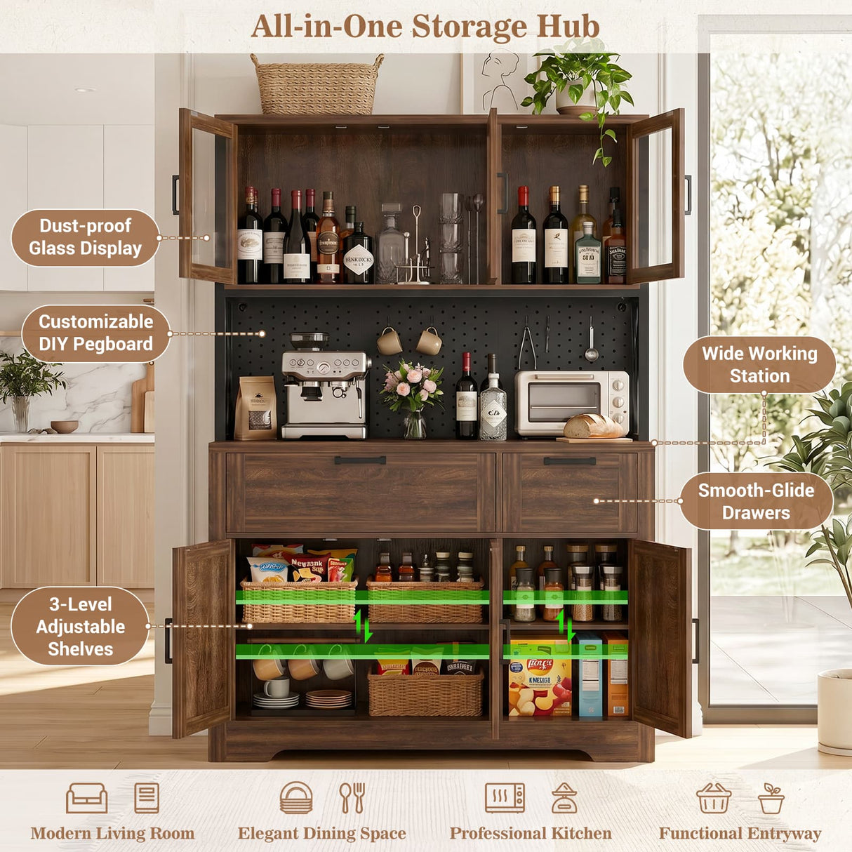 71" Tall Pantry Cabinet, Kitchen Pantry Storage Cabinet with Charging Station & LED Lights, Freestanding Microwave Stand Coffee Bar Hutch with Drawers & DIY Pegboard for Dining Room