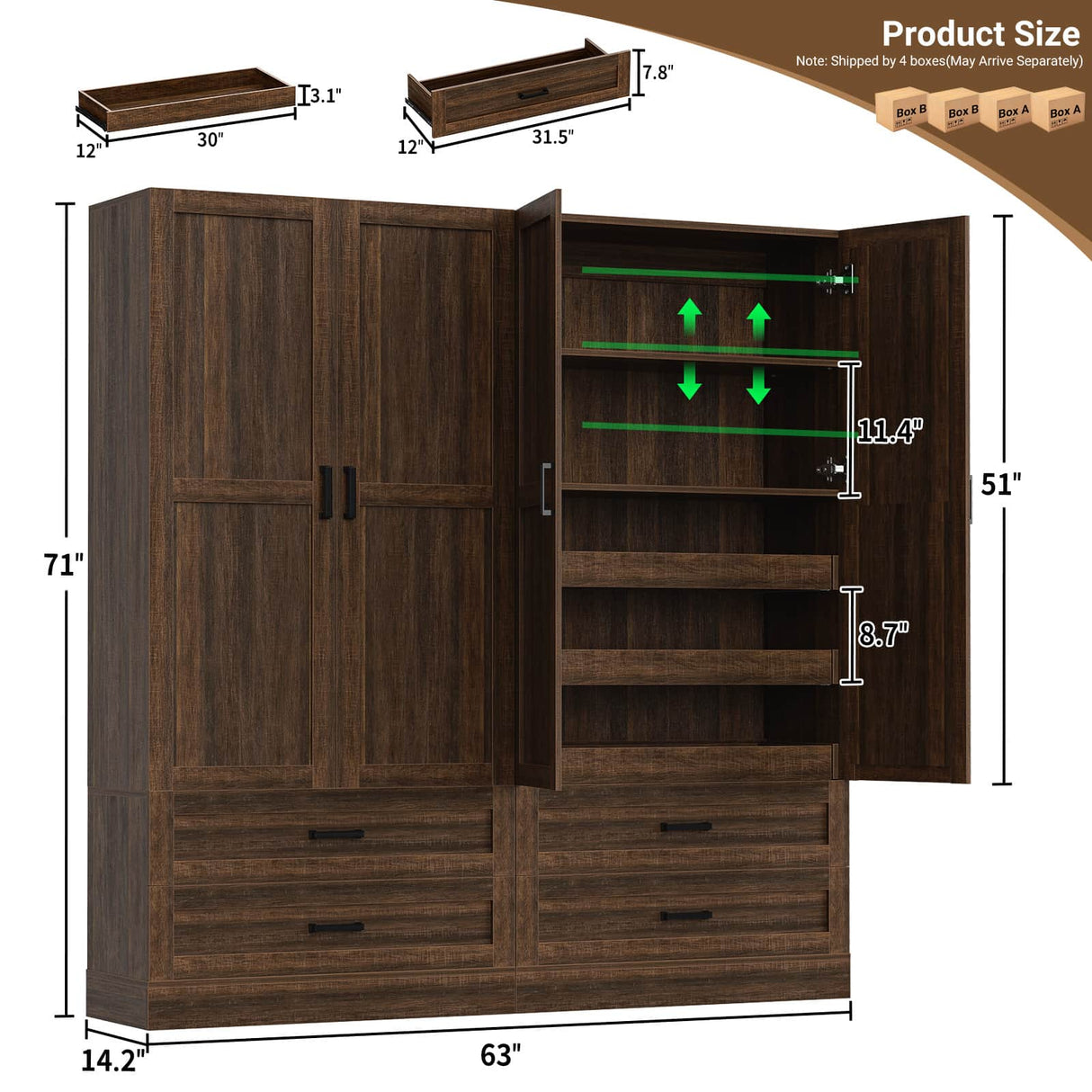 71" Tall Kitchen Pantry Cabinet with Pull-Out Shelves & 4 Drawers