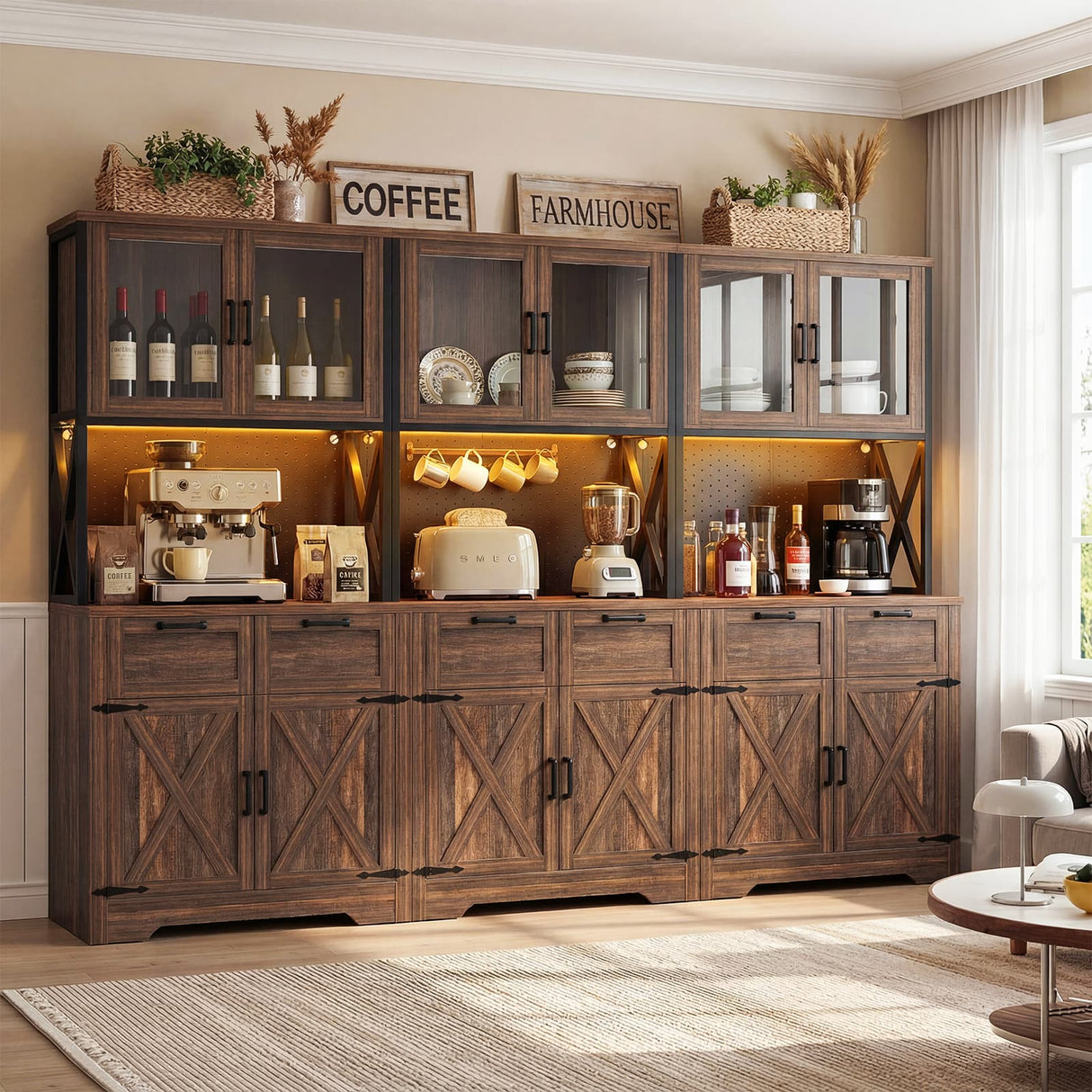 94.5" Wide Kitchen Pantry Cabinet with 3 Power Outlets & LED Light, 71" Tall Large Kitchen Hutch with Countertop, DIY Pegboard with 18 Hooks & 6 Drawers, Farmhouse Food Pantry