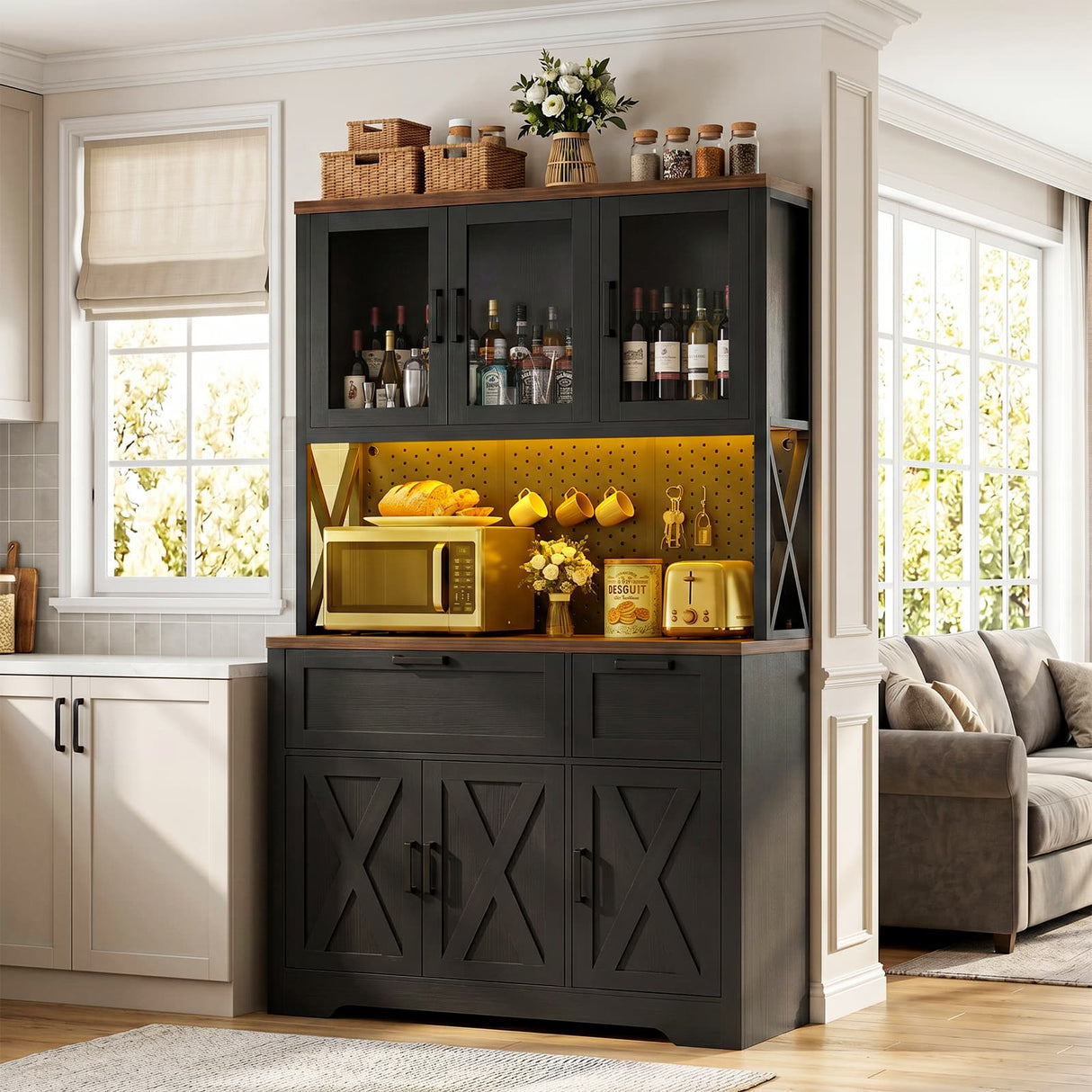 71" Tall Pantry Cabinet, Kitchen Pantry Storage Cabinet with Charging Station & LED Lights, Freestanding Microwave Stand Coffee Bar Hutch with Drawers & DIY Pegboard for Dining Room