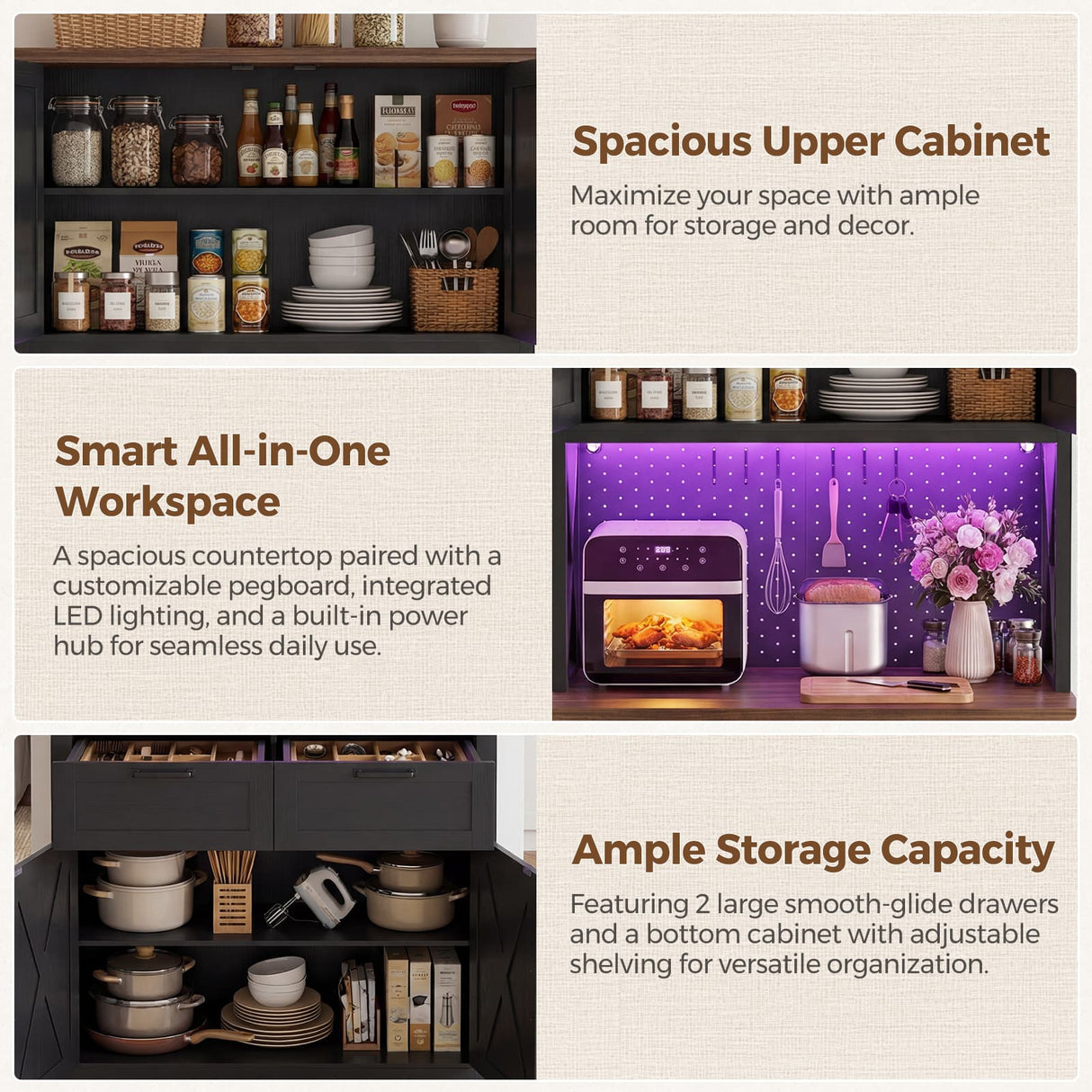 Pantry Cabinet with Microwave Countertop, 71" Tall Kitchen Pantry Storage Cabinet with Charging Station & LED Lights