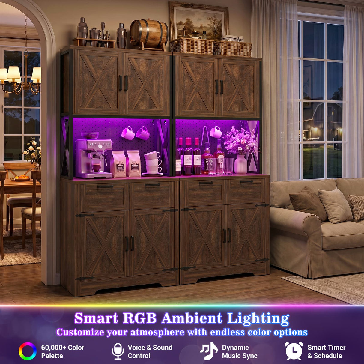 Pantry Cabinet with Microwave Countertop, 71" Tall Kitchen Pantry Storage Cabinet with Charging Station & LED Lights 2 PACK