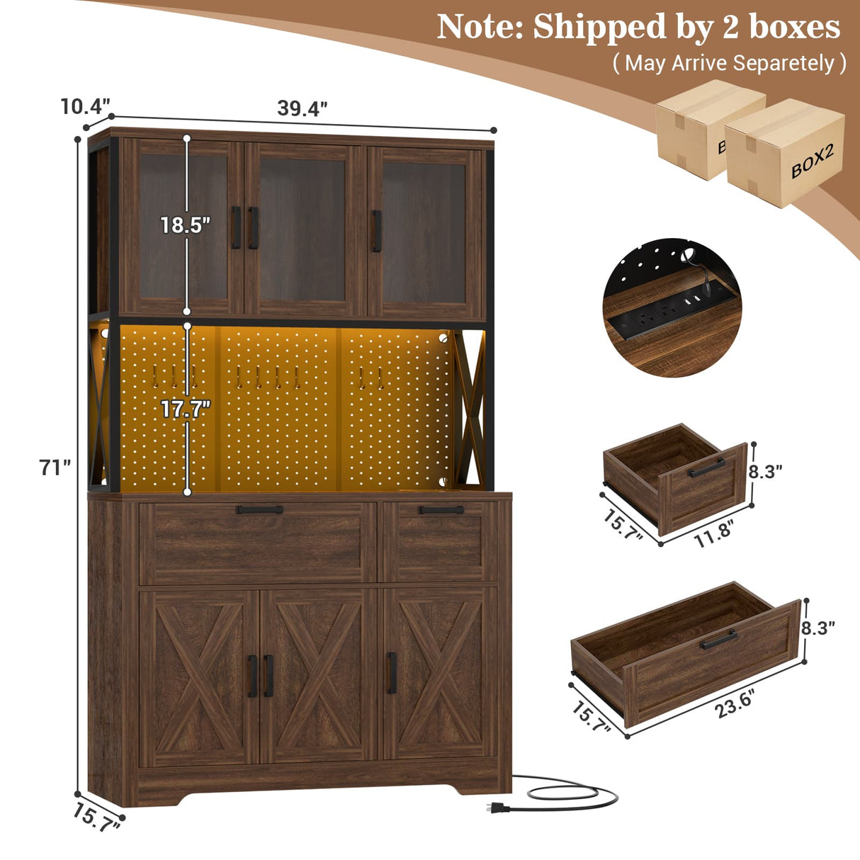 71" Tall Pantry Cabinet, Kitchen Pantry Storage Cabinet with Charging Station & LED Lights, Freestanding Microwave Stand Coffee Bar Hutch with Drawers & DIY Pegboard for Dining Room