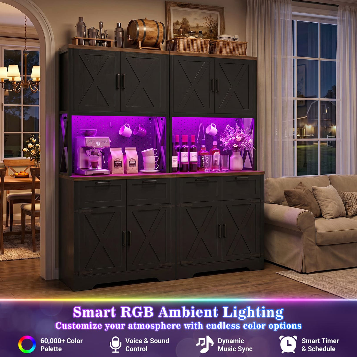 Pantry Cabinet with Microwave Countertop, 71" Tall Kitchen Pantry Storage Cabinet with Charging Station & LED Lights 2 PACK