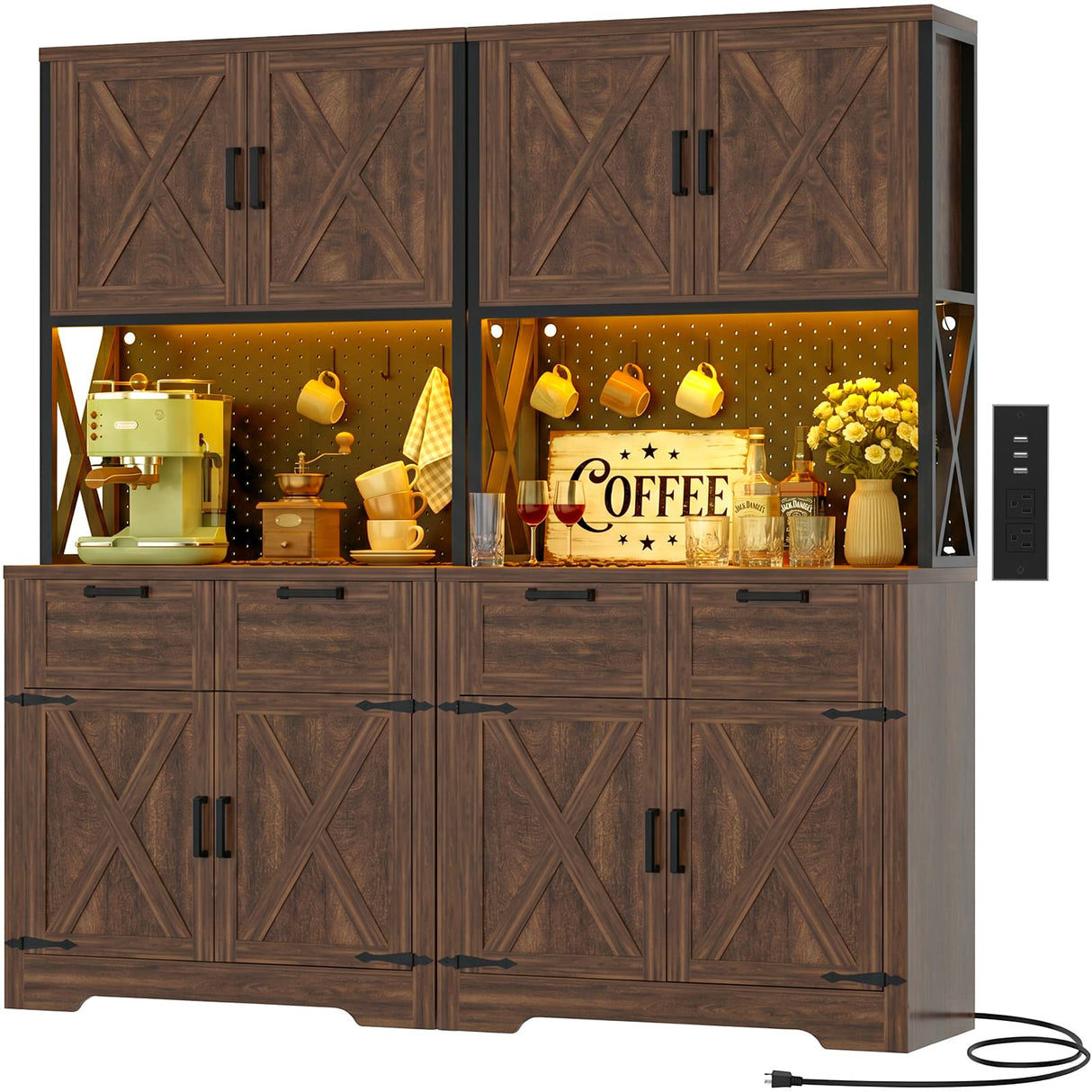 Pantry Cabinet with Microwave Countertop, 71" Tall Kitchen Pantry Storage Cabinet with Charging Station & LED Lights 2 PACK