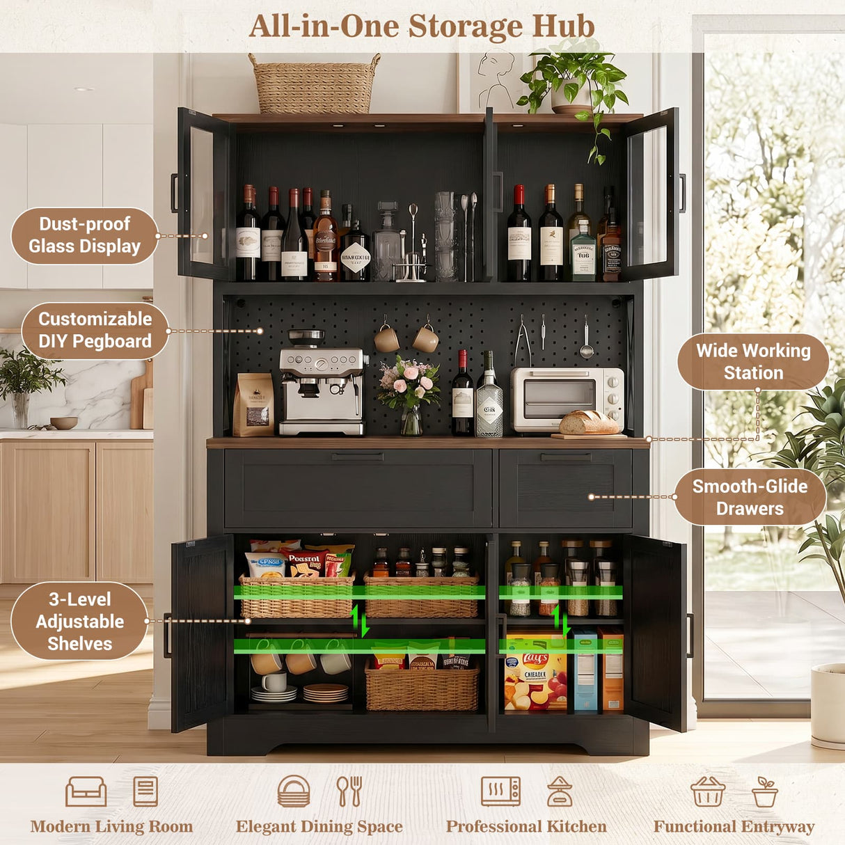 71" Tall Pantry Cabinet, Kitchen Pantry Storage Cabinet with Charging Station & LED Lights, Freestanding Microwave Stand Coffee Bar Hutch with Drawers & DIY Pegboard for Dining Room