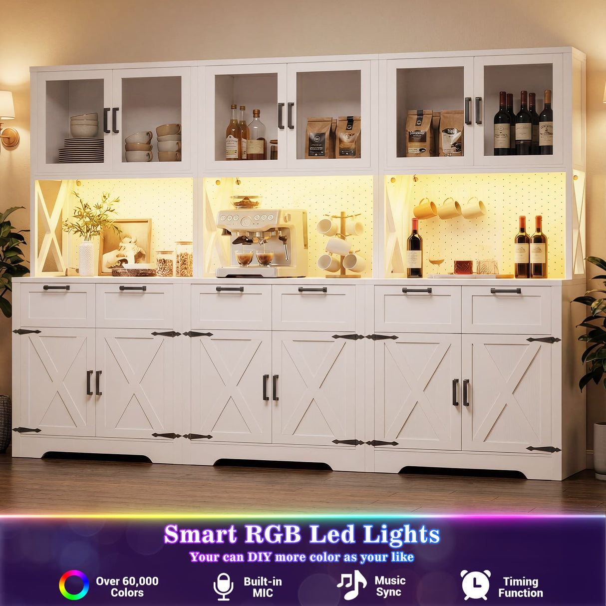 94.5" Wide Kitchen Pantry Cabinet with 3 Power Outlets & LED Light, 71" Tall Large Kitchen Hutch with Countertop, DIY Pegboard with 18 Hooks & 6 Drawers, Farmhouse Food Pantry