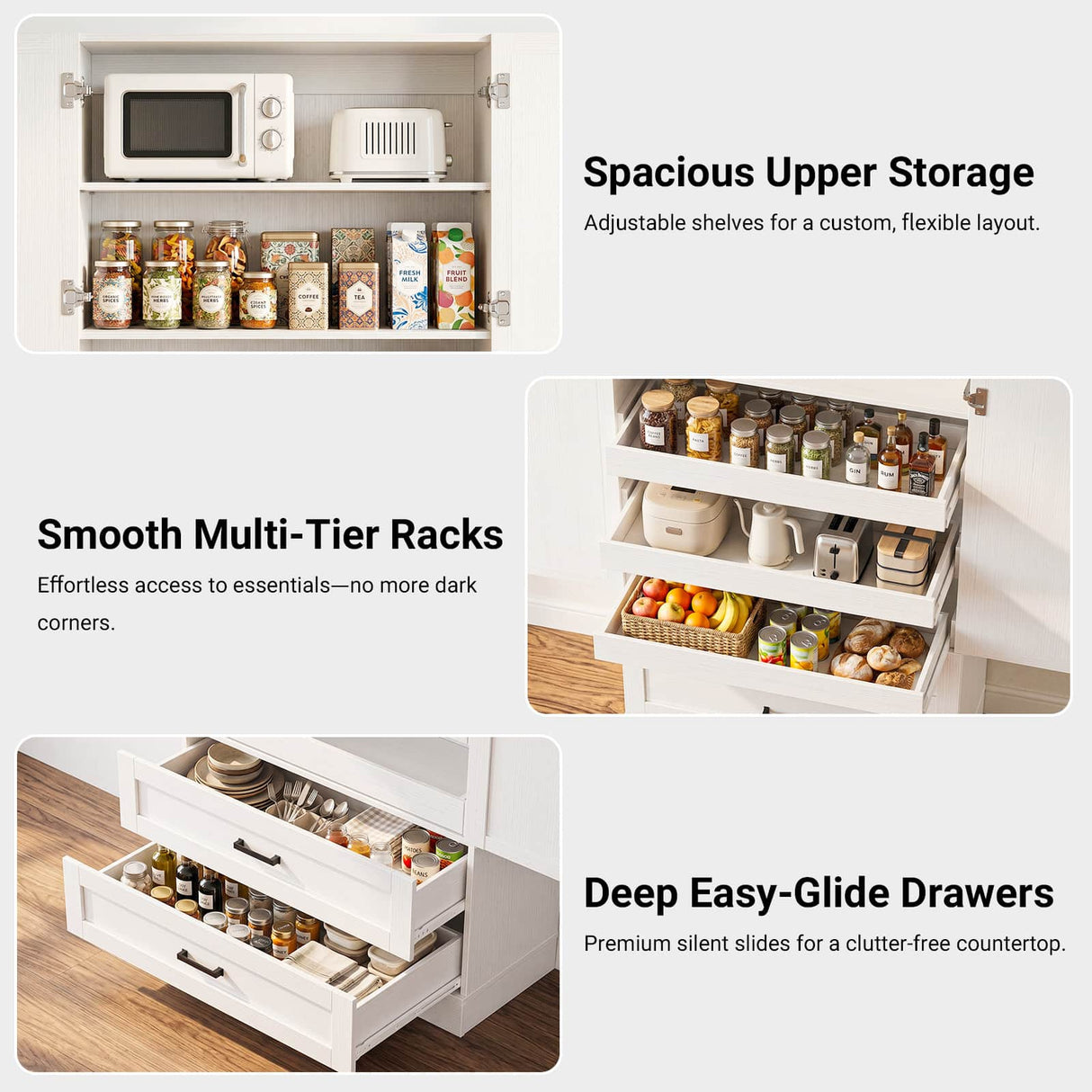 71" Tall Kitchen Pantry Cabinet with 3 Pull-Out Shelves & Drawers