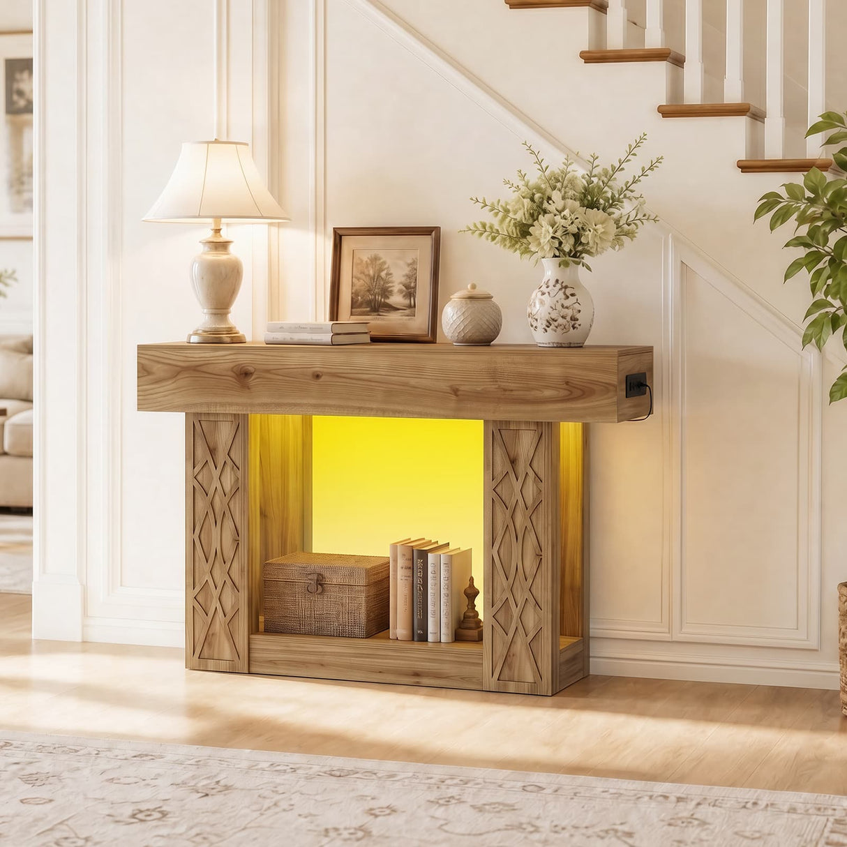 47" Console Table with LED Lights & Outlets, Farmhouse Entryway Table with Geometric Lattice Pattern, 2-Tier Narrow Sofa Table Behind Couch for Living Room, Hallway, Foyer
