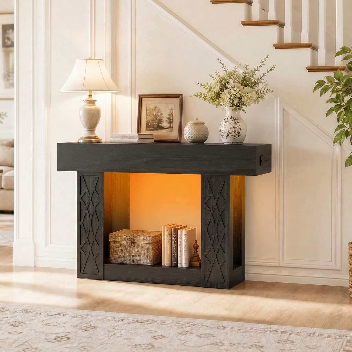 47" Console Table with LED Lights & Outlets, Farmhouse Entryway Table with Geometric Lattice Pattern, 2-Tier Narrow Sofa Table Behind Couch for Living Room, Hallway, Foyer