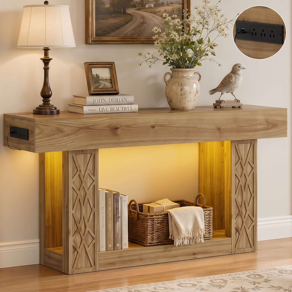63" Console Table with LED Lights & Outlets, Farmhouse Entryway Table with Geometric Lattice Pattern, 2-Tier Narrow Sofa Table Behind Couch for Living Room, Hallway, Foyer