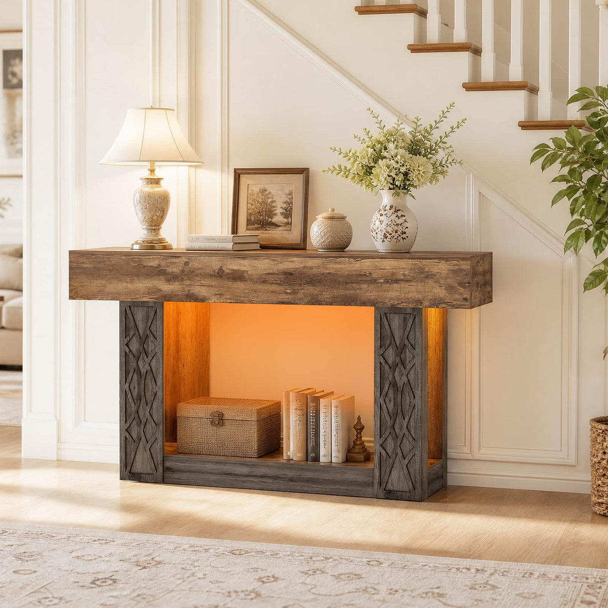63" Console Table with LED Lights & Outlets, Farmhouse Entryway Table with Geometric Lattice Pattern, 2-Tier Narrow Sofa Table Behind Couch for Living Room, Hallway, Foyer
