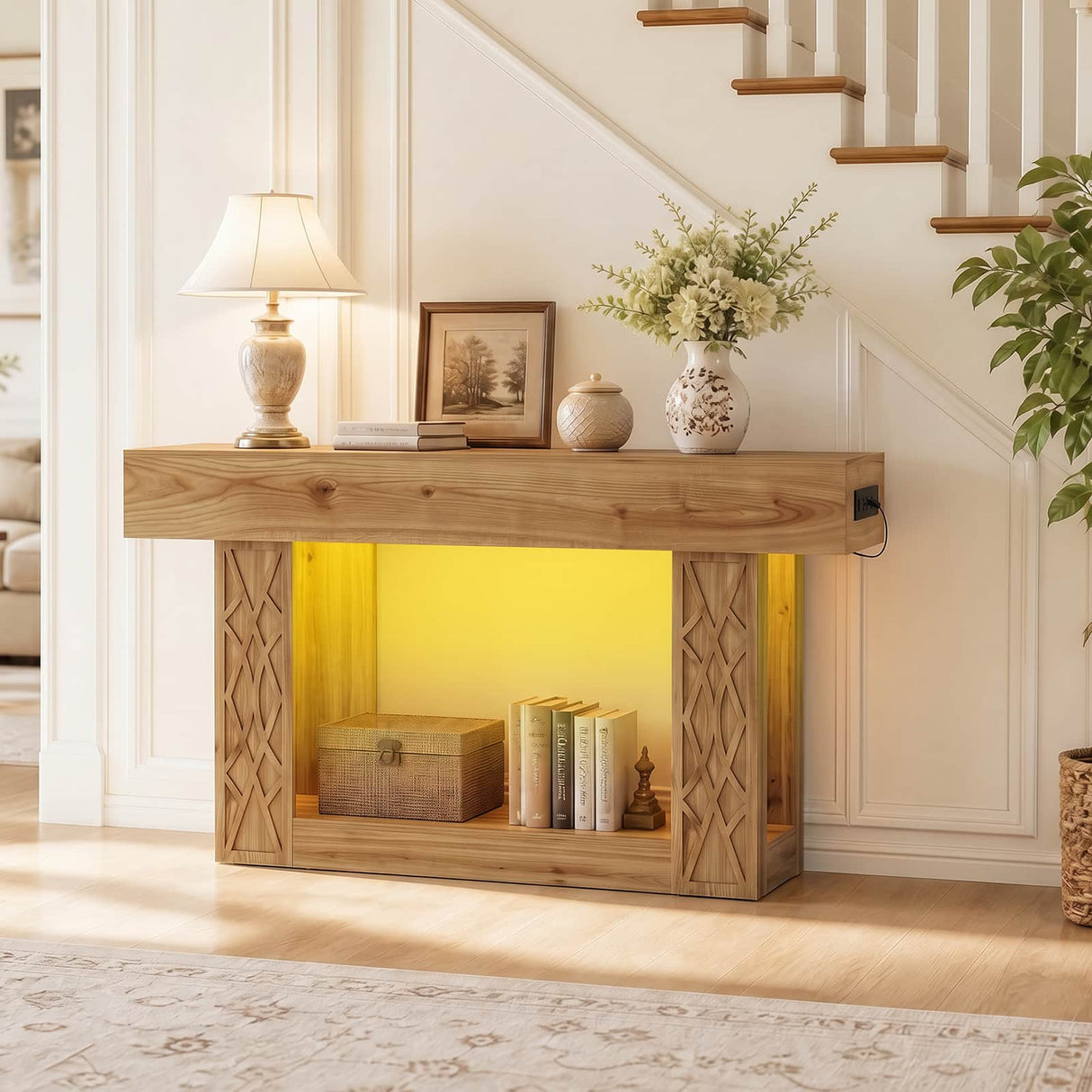 63" Console Table with LED Lights & Outlets, Farmhouse Entryway Table with Geometric Lattice Pattern, 2-Tier Narrow Sofa Table Behind Couch for Living Room, Hallway, Foyer