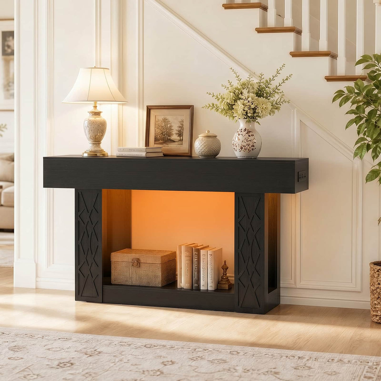 63" Console Table with LED Lights & Outlets, Farmhouse Entryway Table with Geometric Lattice Pattern, 2-Tier Narrow Sofa Table Behind Couch for Living Room, Hallway, Foyer