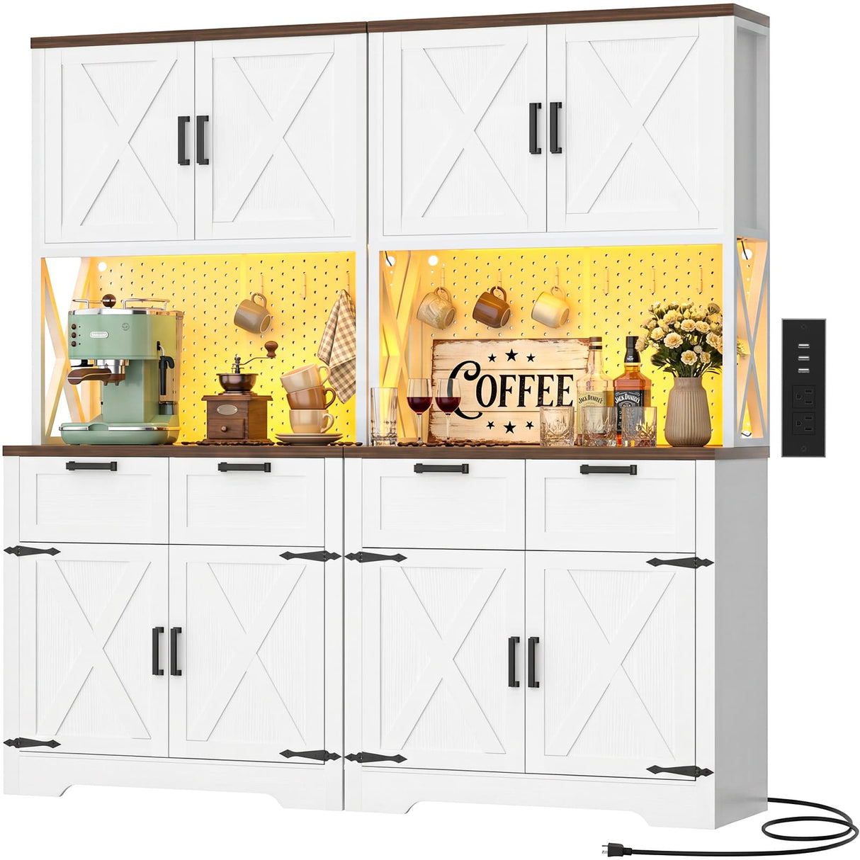 Pantry Cabinet with Microwave Countertop, 71" Tall Kitchen Pantry Storage Cabinet with Charging Station & LED Lights 2 PACK