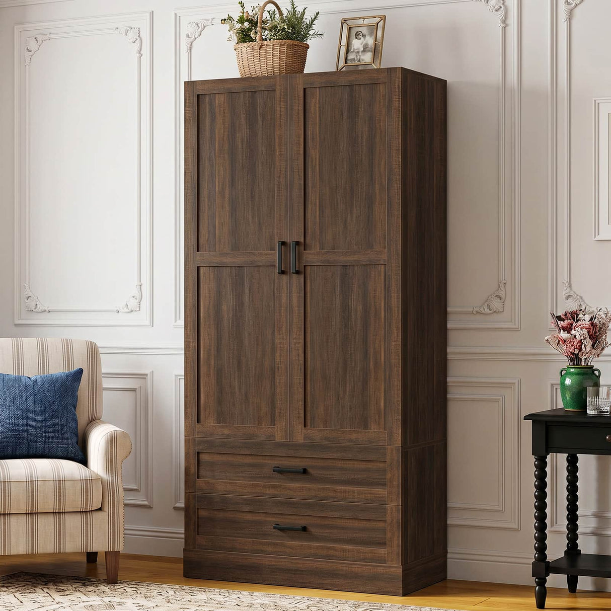 71" Tall Kitchen Pantry Cabinet with 3 Pull-Out Shelves & Drawers
