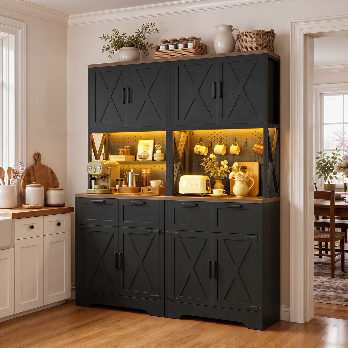 Pantry Cabinet with Microwave Countertop, 71" Tall Kitchen Pantry Storage Cabinet with Charging Station & LED Lights 2 PACK