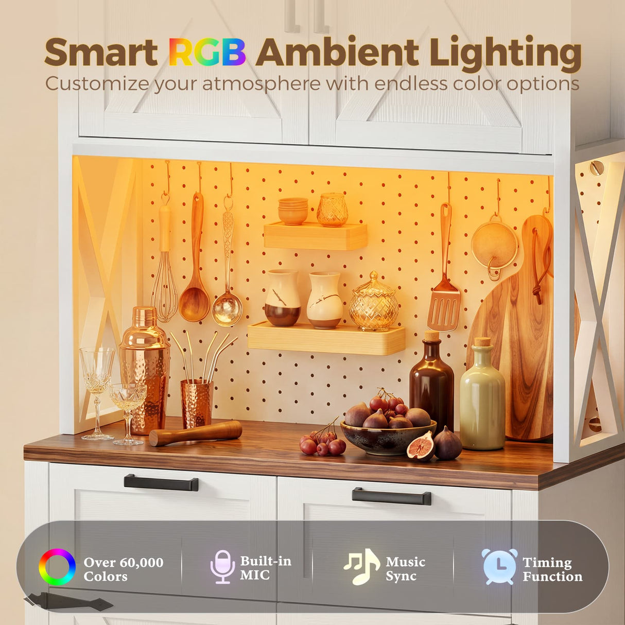 Pantry Cabinet with Microwave Countertop, 71" Tall Kitchen Pantry Storage Cabinet with Charging Station & LED Lights