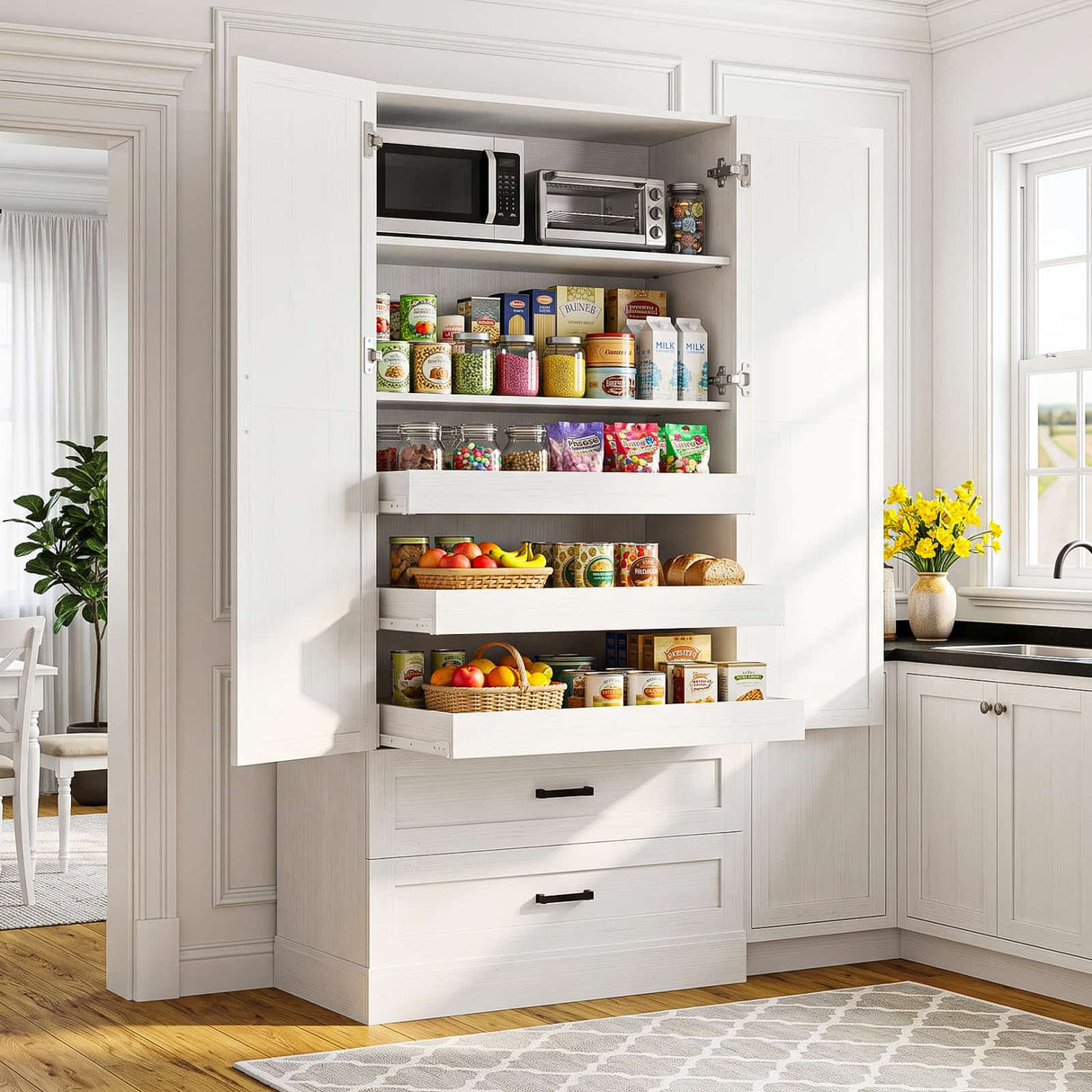 71" Tall Kitchen Pantry Cabinet with 3 Pull-Out Shelves & Drawers