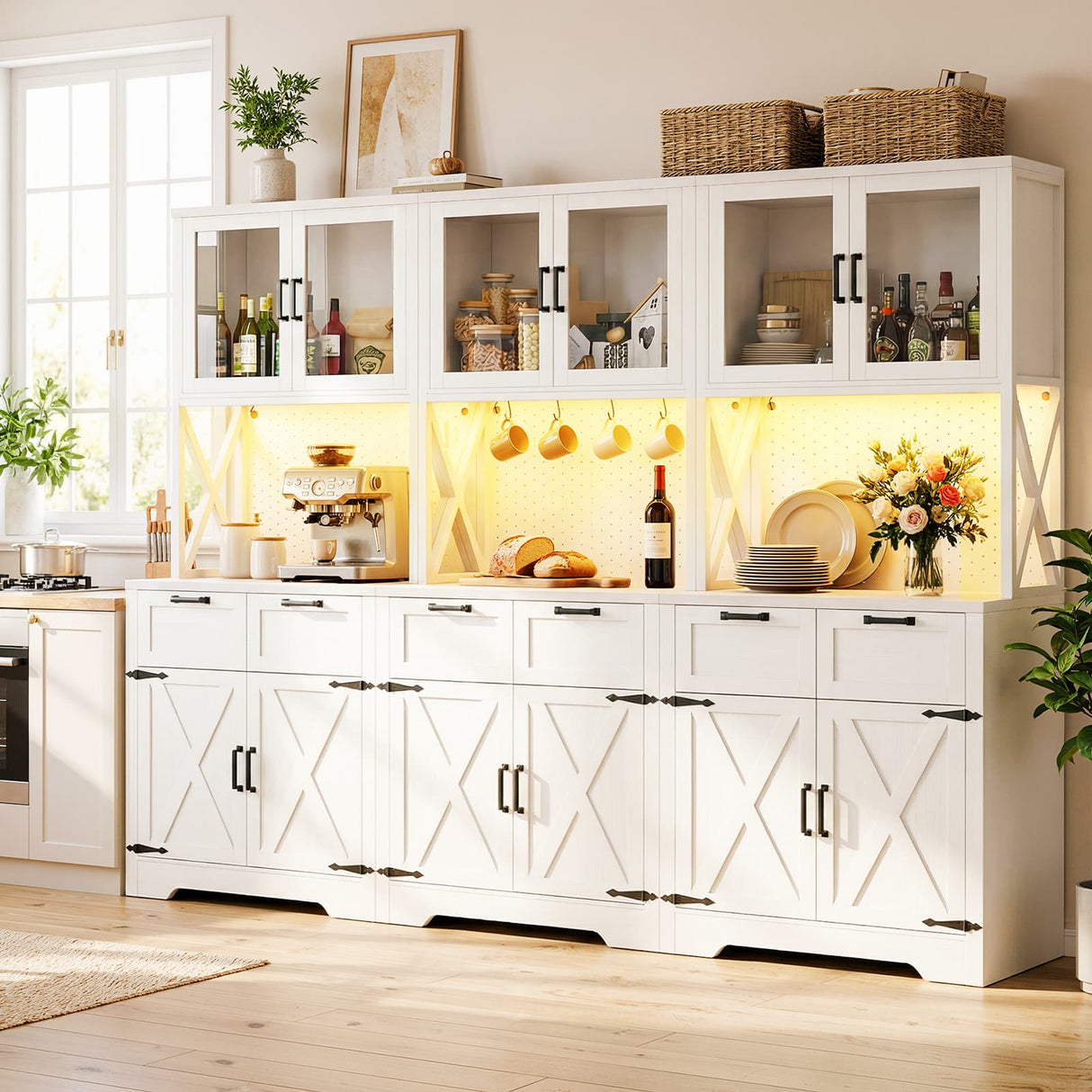 94.5" Wide Kitchen Pantry Cabinet with 3 Power Outlets & LED Light, 71" Tall Large Kitchen Hutch with Countertop, DIY Pegboard with 18 Hooks & 6 Drawers, Farmhouse Food Pantry