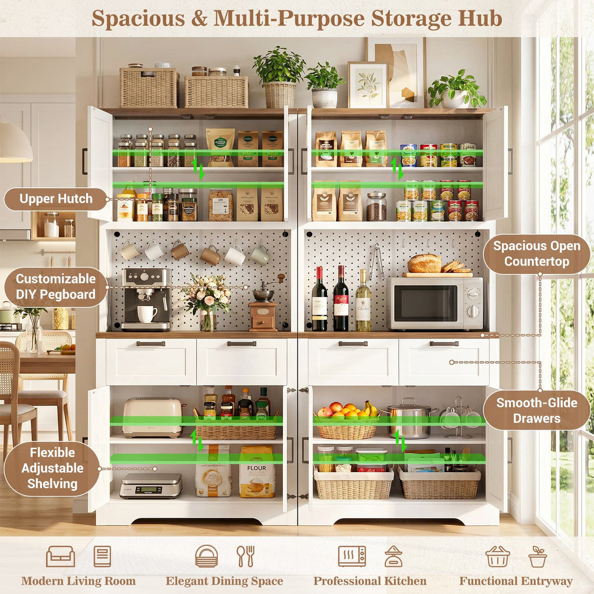 Pantry Cabinet with Microwave Countertop, 71" Tall Kitchen Pantry Storage Cabinet with Charging Station & LED Lights 2 PACK