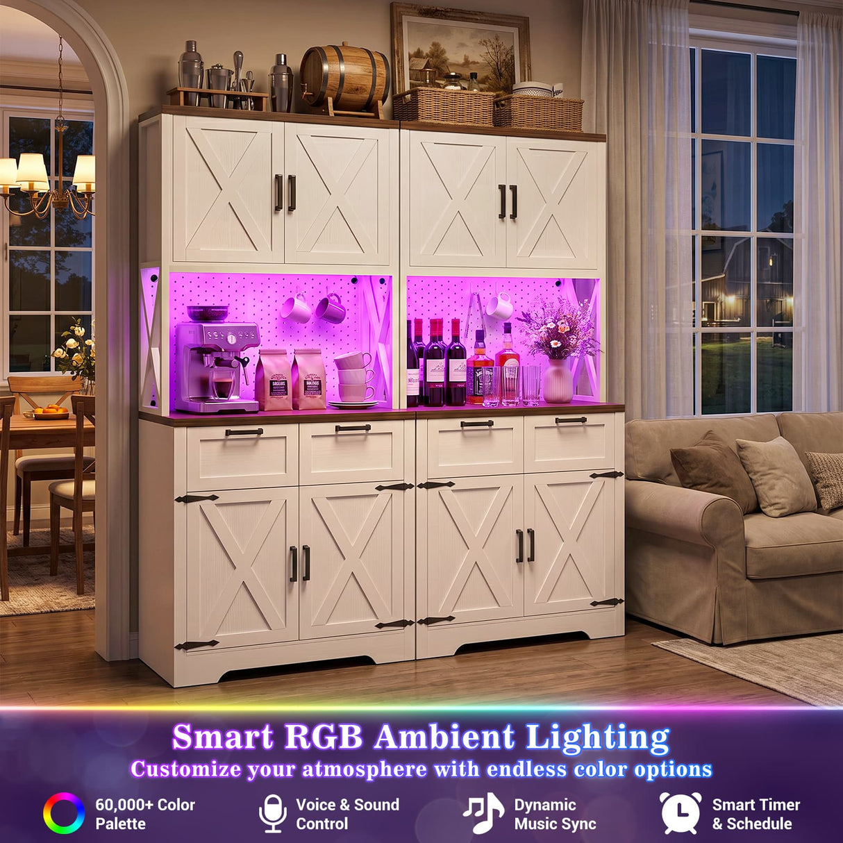 Pantry Cabinet with Microwave Countertop, 71" Tall Kitchen Pantry Storage Cabinet with Charging Station & LED Lights 2 PACK