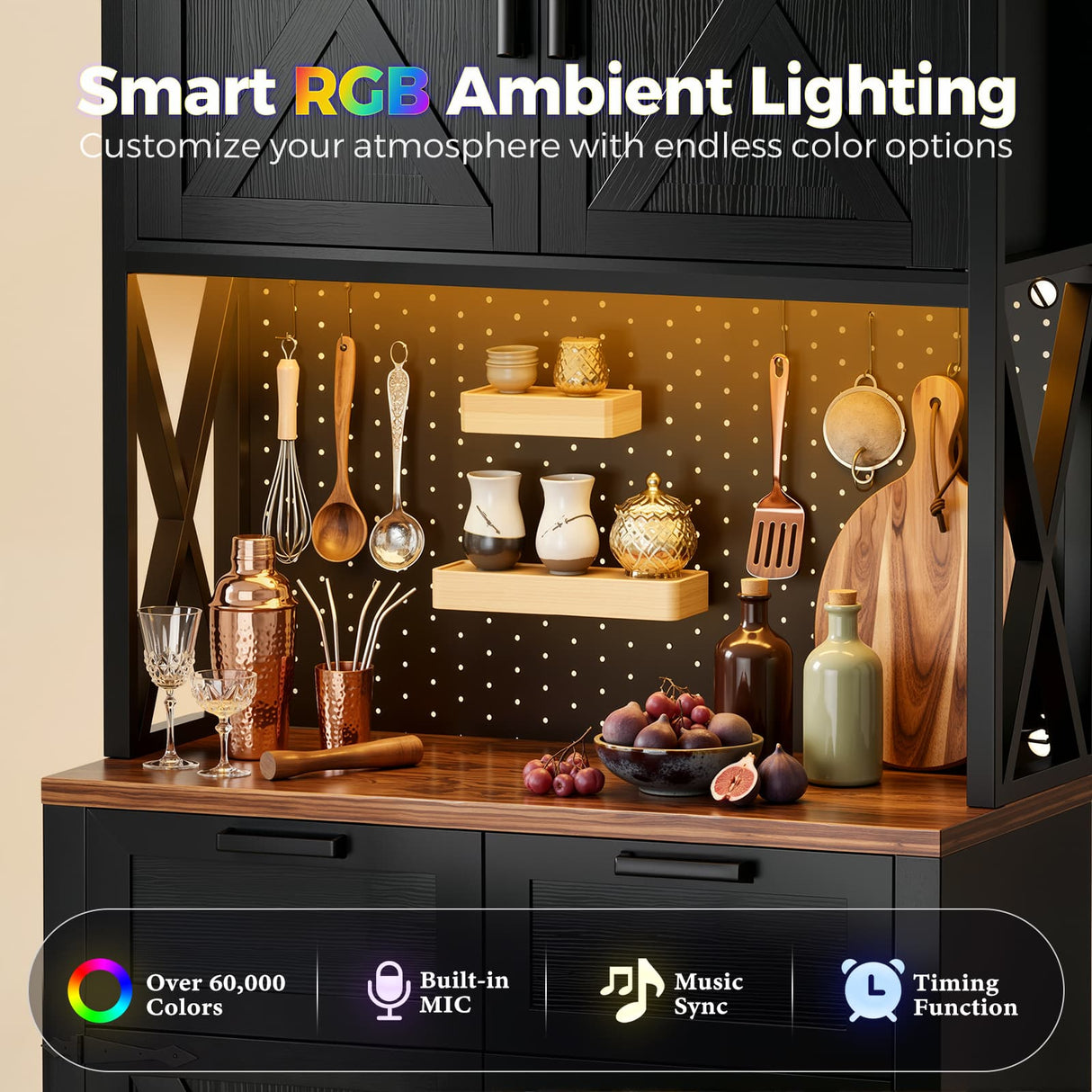 Pantry Cabinet with Microwave Countertop, 71" Tall Kitchen Pantry Storage Cabinet with Charging Station & LED Lights