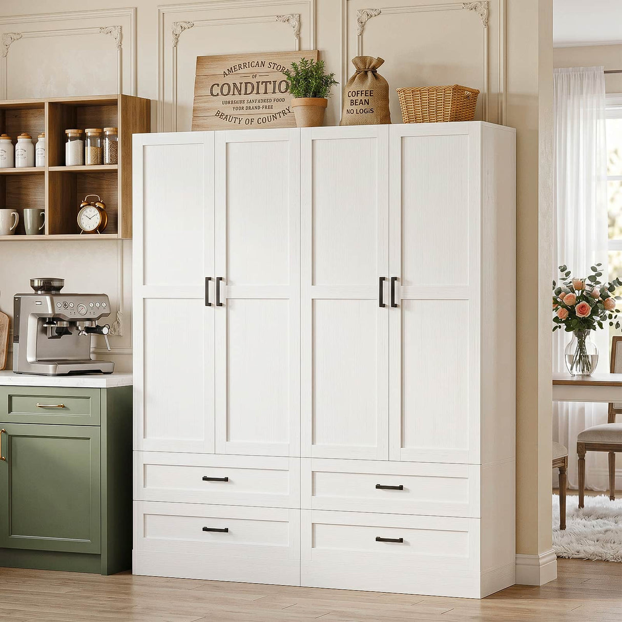71" Tall Kitchen Pantry Cabinet with Pull-Out Shelves & 4 Drawers