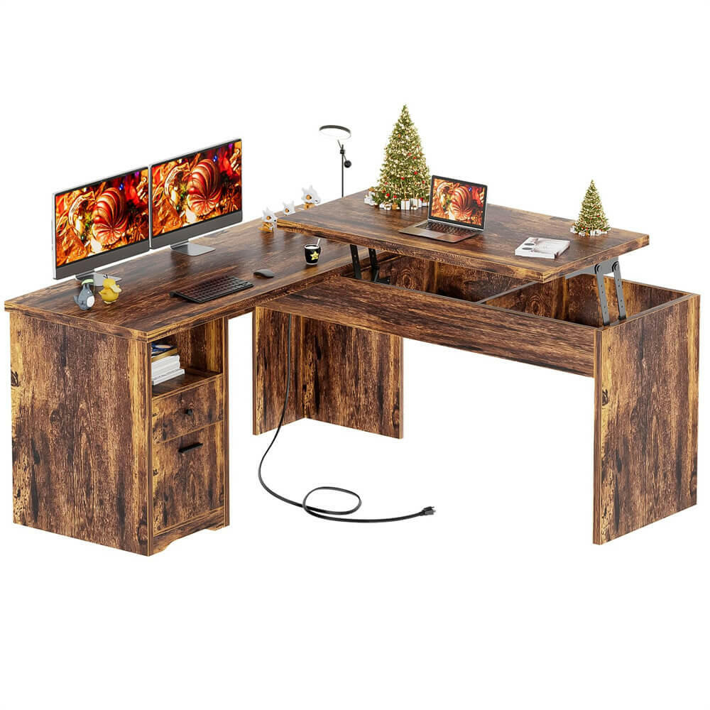 Unikito Lift Top L Shaped Desk with Drawer, Large Office Desk with Power Outlets and USB Charging Ports, Sturdy Corner Computer Desk Writing Table with Storage, L Shape Standing Desk