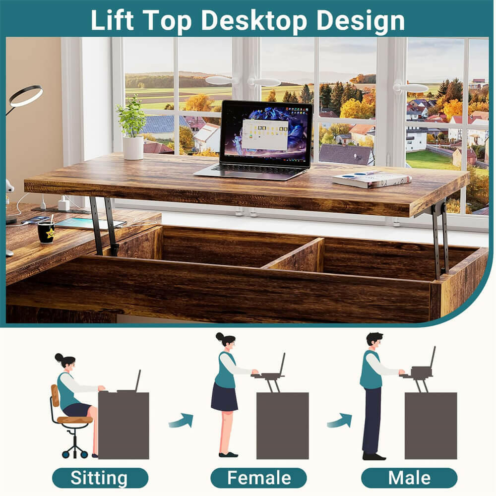 Unikito Lift Top L Shaped Desk with Drawer, Large Office Desk with Power Outlets and USB Charging Ports, Sturdy Corner Computer Desk Writing Table with Storage, L Shape Standing Desk