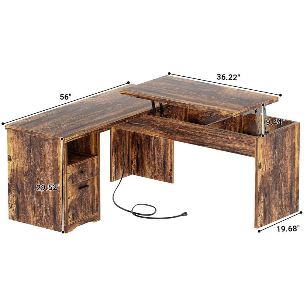 Unikito Lift Top L Shaped Desk with Drawer, Large Office Desk with Power Outlets and USB Charging Ports, Sturdy Corner Computer Desk Writing Table with Storage, L Shape Standing Desk