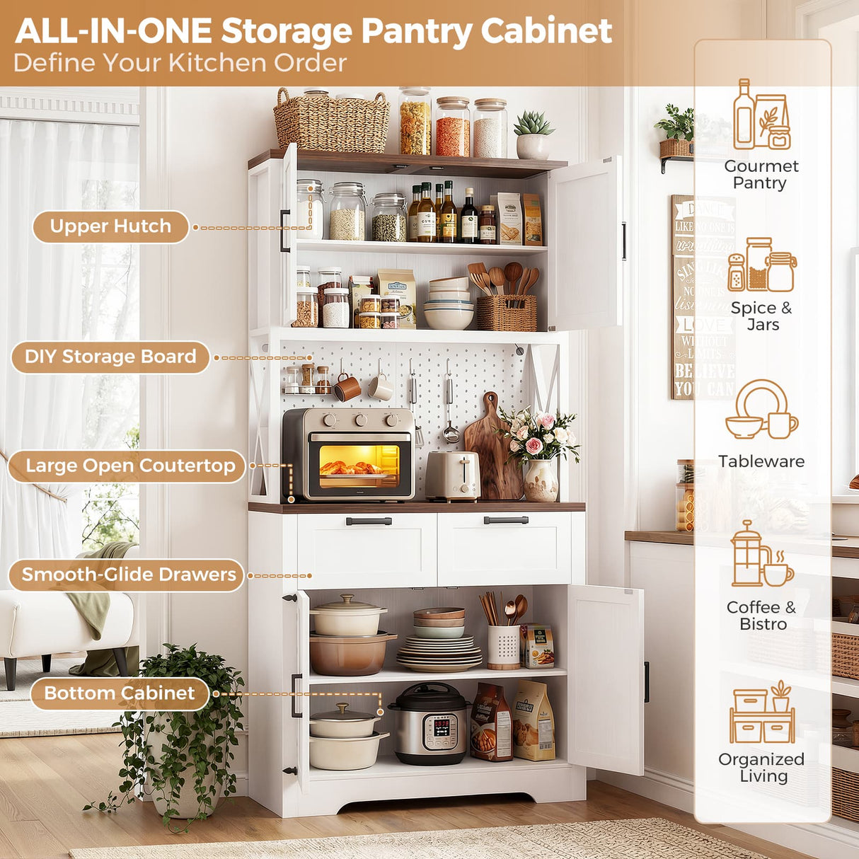 Pantry Cabinet with Microwave Countertop, 71" Tall Kitchen Pantry Storage Cabinet with Charging Station & LED Lights