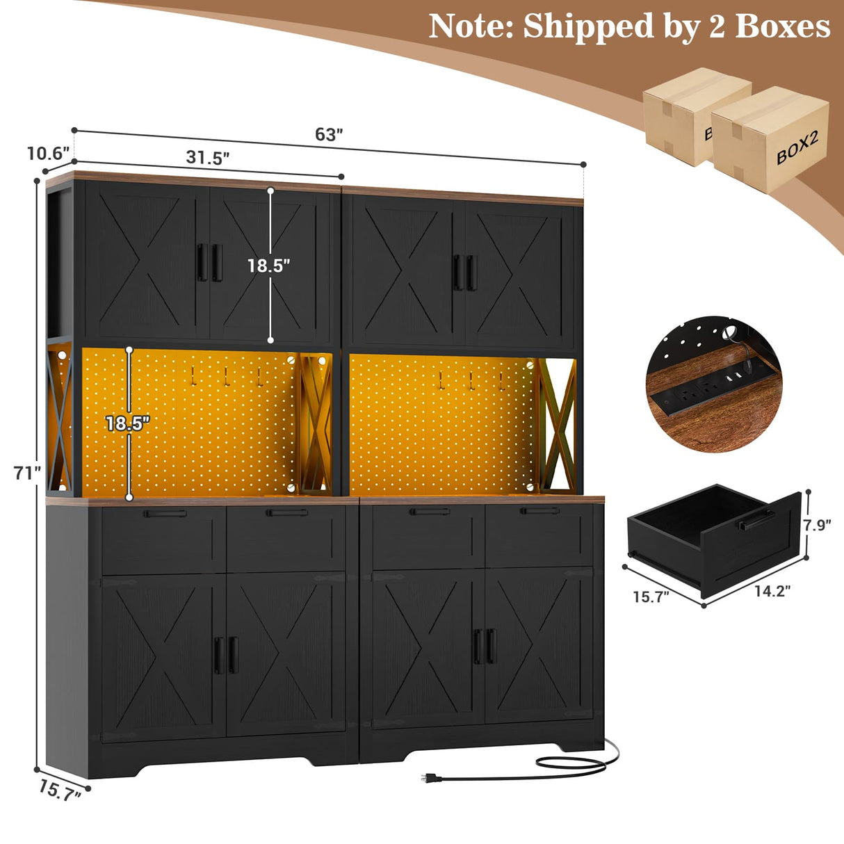 Pantry Cabinet with Microwave Countertop, 71" Tall Kitchen Pantry Storage Cabinet with Charging Station & LED Lights 2 PACK