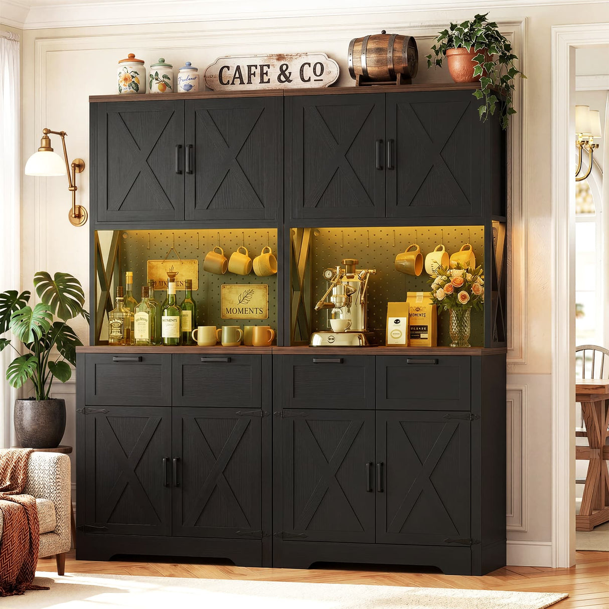 Pantry Cabinet with Microwave Countertop, 71" Tall Kitchen Pantry Storage Cabinet with Charging Station & LED Lights
