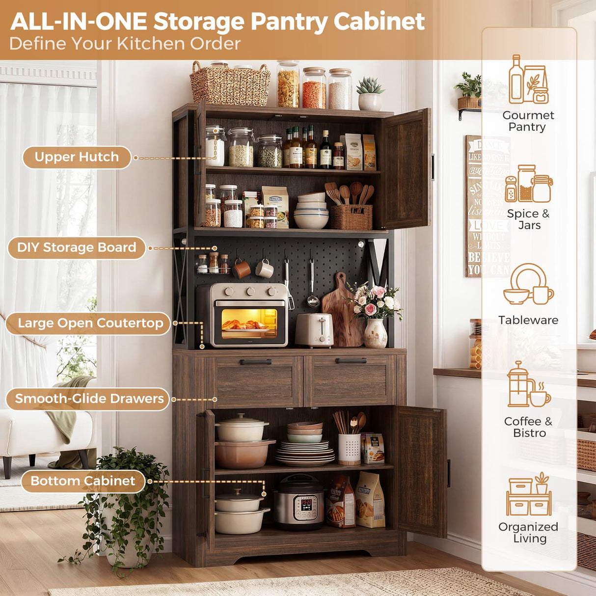 Pantry Cabinet with Microwave Countertop, 71" Tall Kitchen Pantry Storage Cabinet with Charging Station & LED Lights
