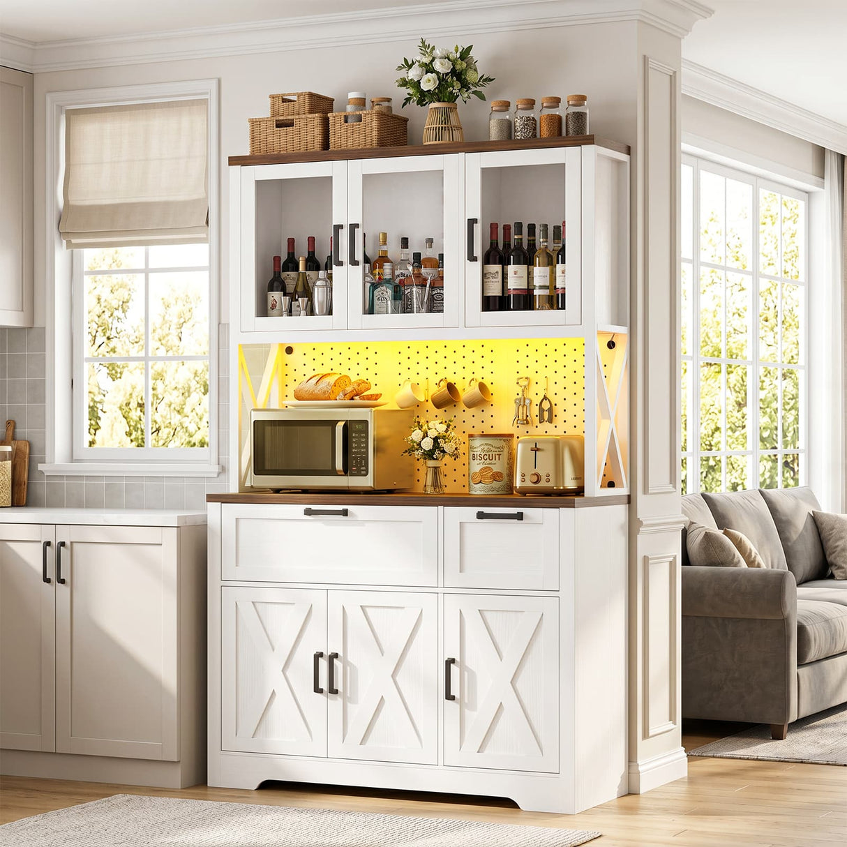 71" Tall Pantry Cabinet, Kitchen Pantry Storage Cabinet with Charging Station & LED Lights, Freestanding Microwave Stand Coffee Bar Hutch with Drawers & DIY Pegboard for Dining Room