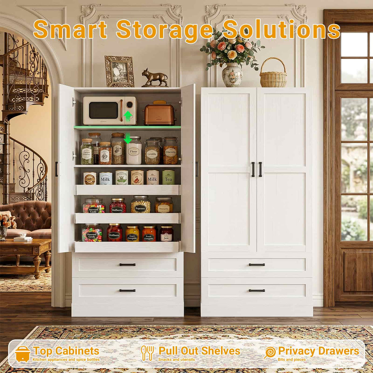 71" Tall Kitchen Pantry Cabinet with Pull-Out Shelves & 4 Drawers