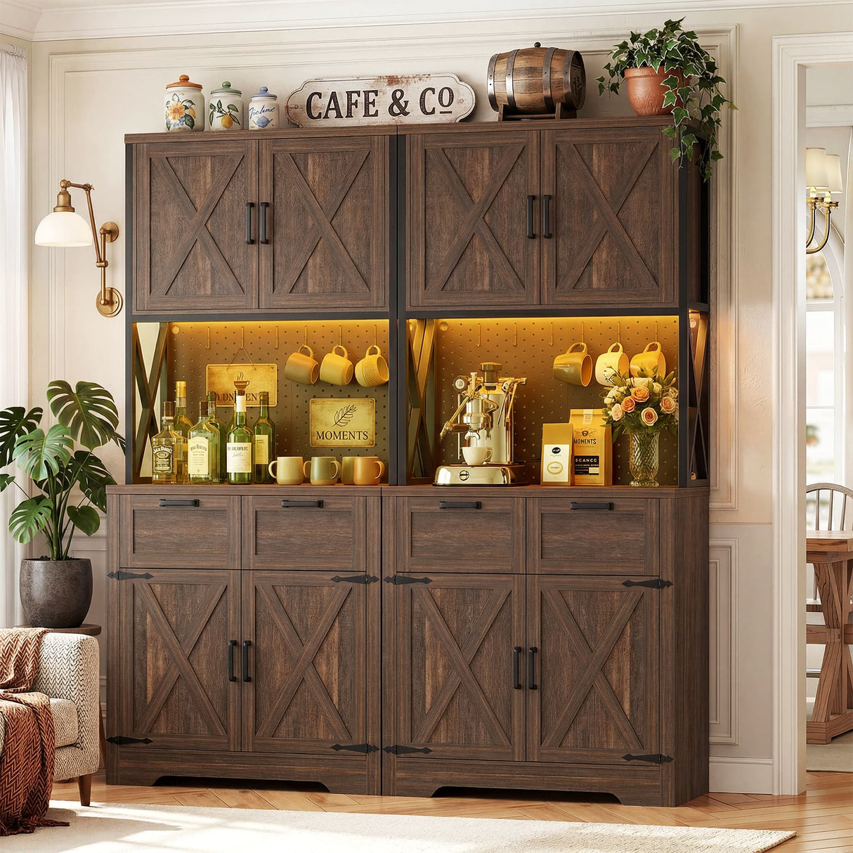 Pantry Cabinet with Microwave Countertop, 71" Tall Kitchen Pantry Storage Cabinet with Charging Station & LED Lights