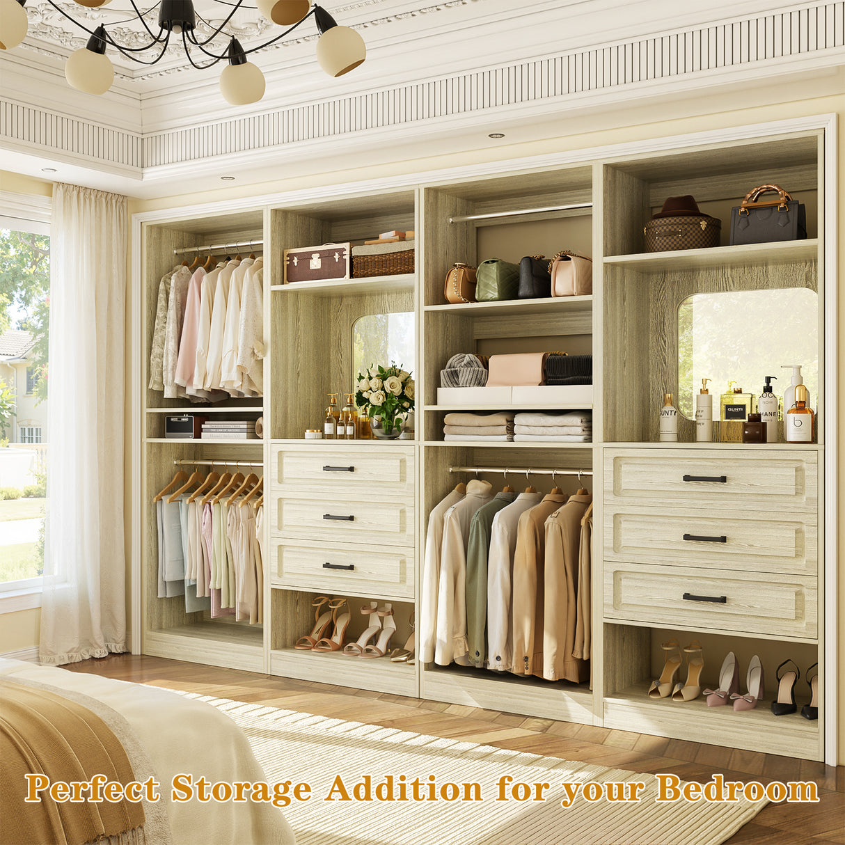 Closet System with Drawers, 100” Wood Closet Organizer with Hanging Rods and Mirror