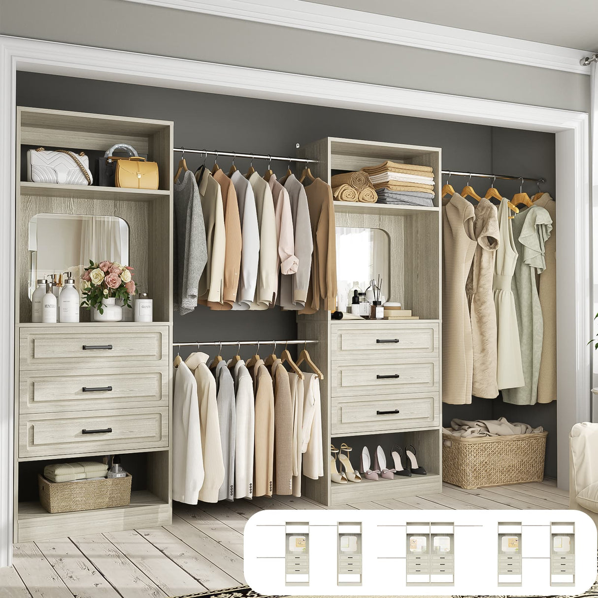 Unikito Closet System with 6 Drawers, 6-14Ft Closet Organizer with 3 Hanging Rods and Mirror