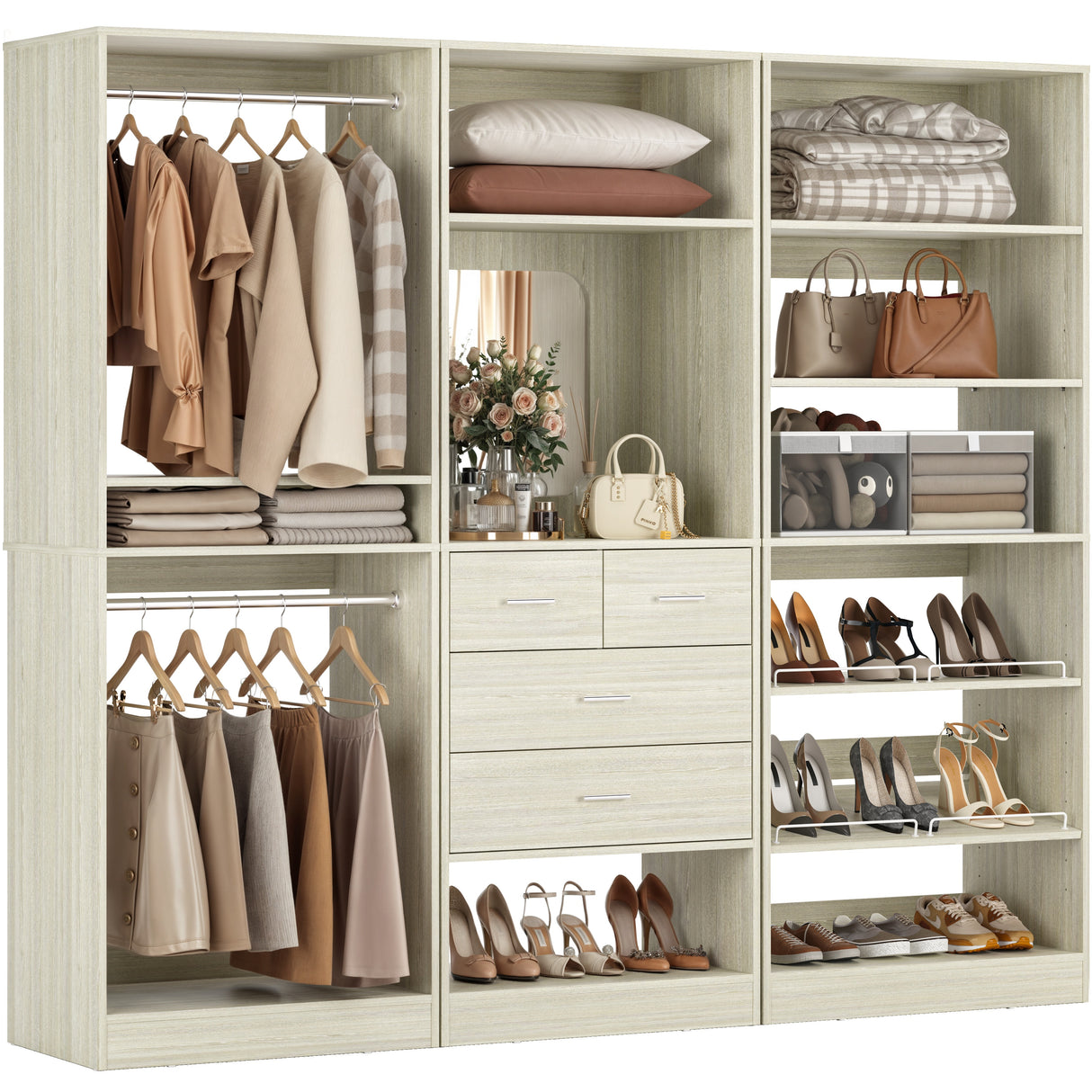 75" Closet Organizer System with Mirror, Wood Closets Organizer with Hanging Rods and Drawers